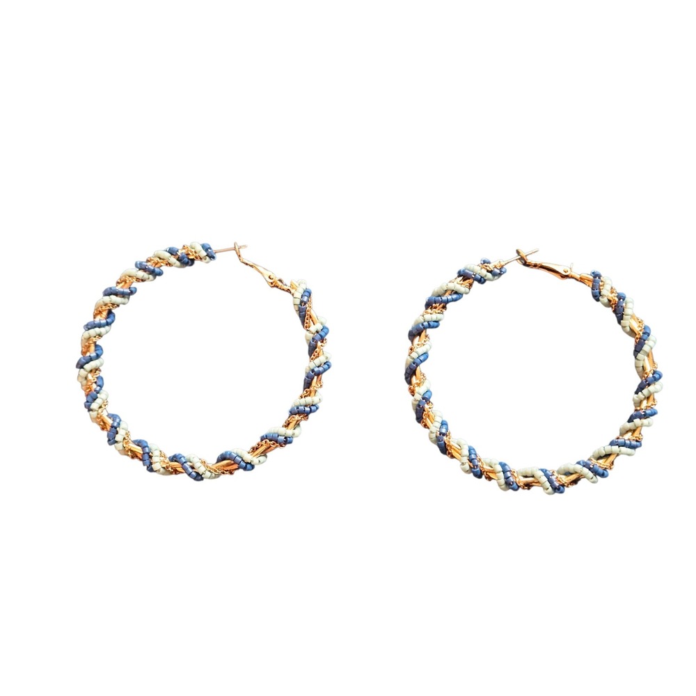 Gold Tone Beaded Hoop Earrings Blue and Beige Fashion‎ Jewelry